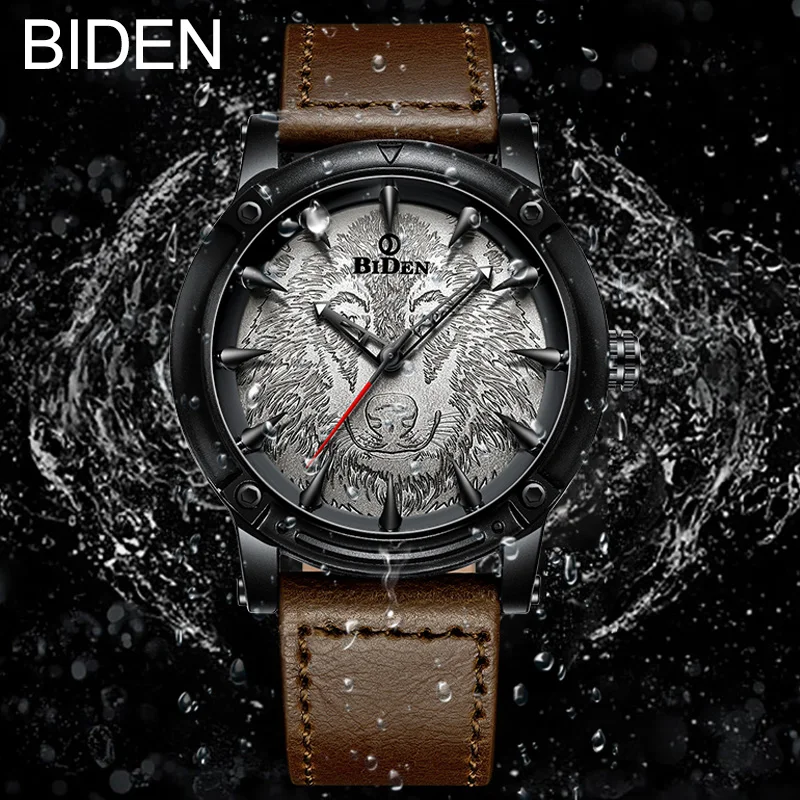 

BIDEN Wolf Dial Men Wrist Watch Leather Quartz Waterproof Sport Luxury Business Top Brand Wristwatches Men Relogio Clock 0185