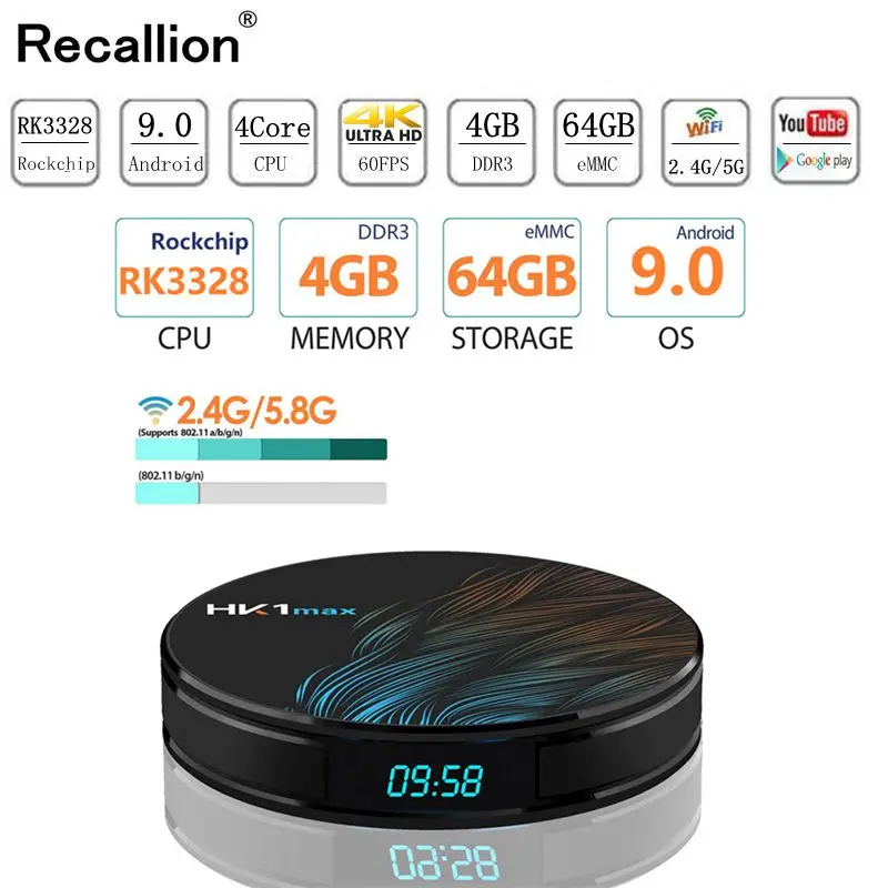 RECALLION HK1 Max Smart tv Box Android 9,0 4 Гб 64 Гб RK3328 1080 p 4 K Wifi Netflix телеприставка медиаплеер 2G 16G Android Box 9,0