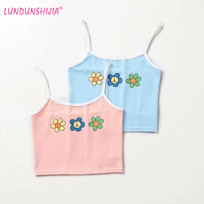 

LUNDUNSHIJIA 2019 Summer Europe Cute Flowers Printed Camisole Top Cropped Feminino Women Bustier Slim Short Sexy Tube Tops