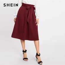 SHEIN бордовая плиссированная Расклешенная юбка с поясом, Женская юбка с высокой талией на лето и осень, однотонная Офисная женская элегантная юбка миди