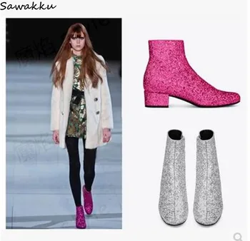 

Bling Bling Glittering Women Ankle Boots Sparkly Leather Autumn Shinny Shoes Woman Low Heels T-stage Dance Shoes High Quality