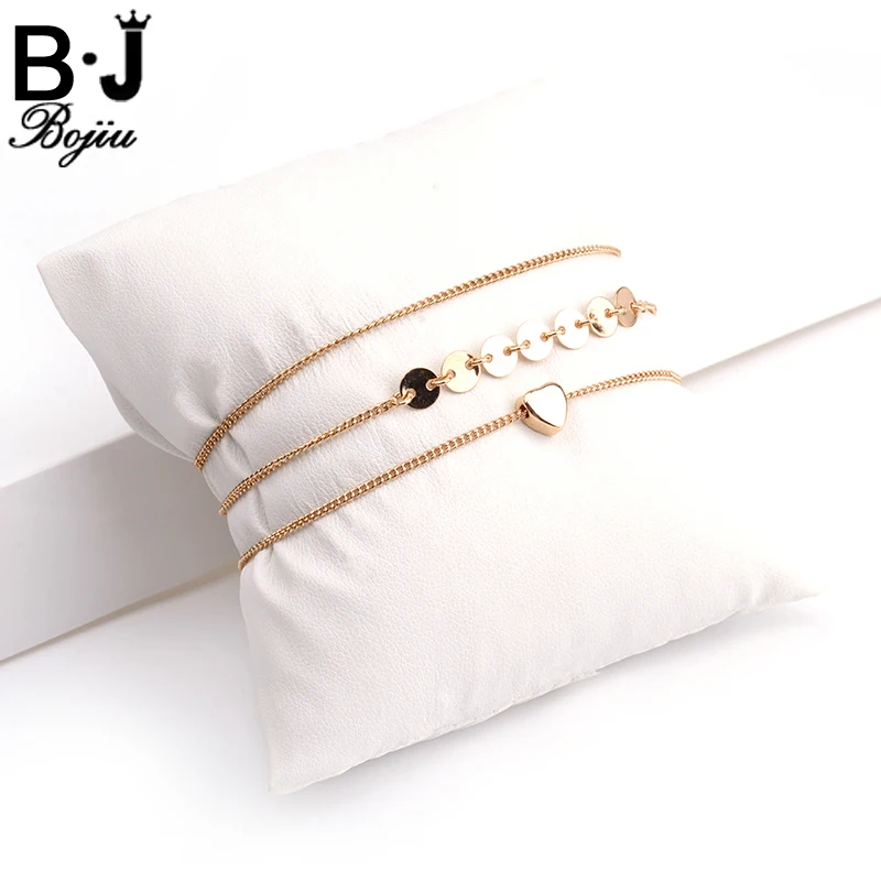 

Bojiu Simple Bracelet Sets 3pcs Copper Metal Heart Round Flake Pendant Bracelet set For Women Golden Plated Jewelry BCSET23