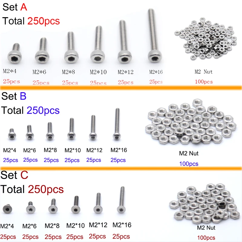 

250pc/set A2 Stainless Steel M2 Cap/Button/Flat Head Hex Socket Screws Bolt With Hex Nuts Assortment Kit Mayitr