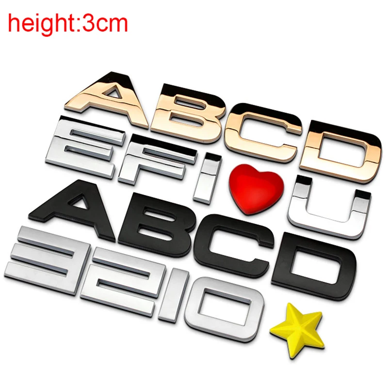 

3cm Chrome Metal Zinc DIY ABC 123 Letters Digital Heart Star Car Styling Refitting Emblem Telephone Number Alphabet 3D Sticker