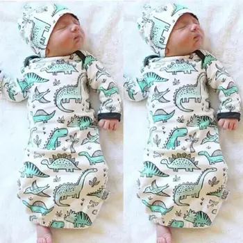 

VTOM Newborn Baby Sleepwear Kids Robe Infant Baby Boys Girls Cartoon Dinosaur Baby Winter Sleeping Wear Hat 2pcs Set
