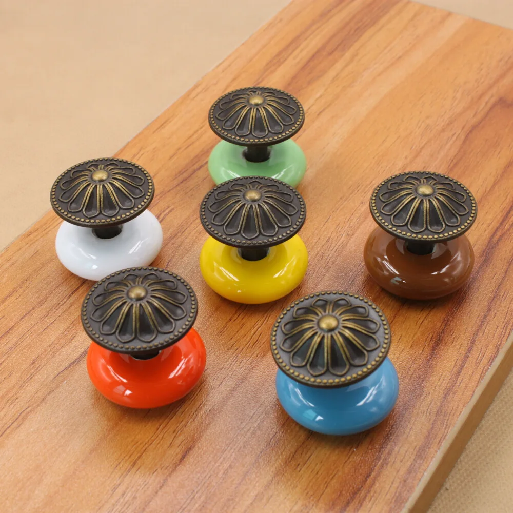 

Puxador Ceramic Handle Retro Village Furniture Drawer Closet Door Cabinet Puckering Round New Rural White Antique Copper Knobs