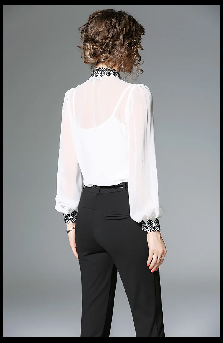 Весна, женская блузка, рубашка с высоким воротником, вышивка, кружева, полые, сексуальные блузы, два предмета, рукава-фонарики, топы, белый цвет, S81229L
