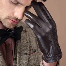 Genuine Leather Gloves Men Autumn Winter Goatskin Black Fashion Simple Driving Five Fingers Gloves Goatskin Mittens BM013
