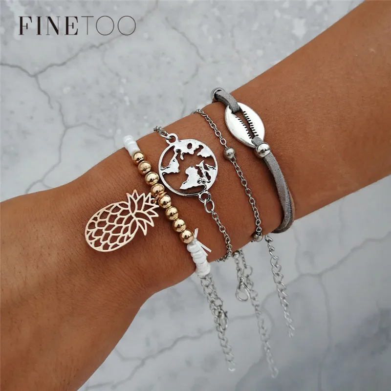 Boho винтажный мир карта земля оболочки ананас браслеты Набор для женщин кожа