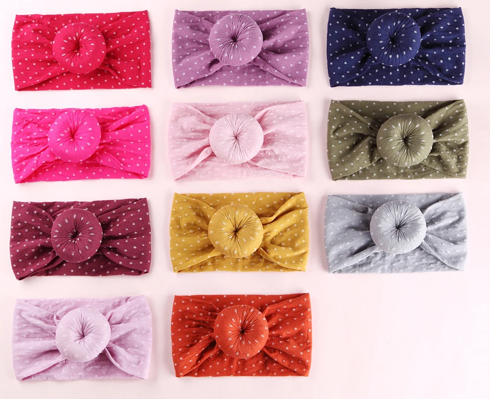 

12PC/lot Best Offer Round Knot Nylon Headband Newborn Dot Print Knot Bow Nylon Headband,Nylon Bow Headwraps Girls Headwear