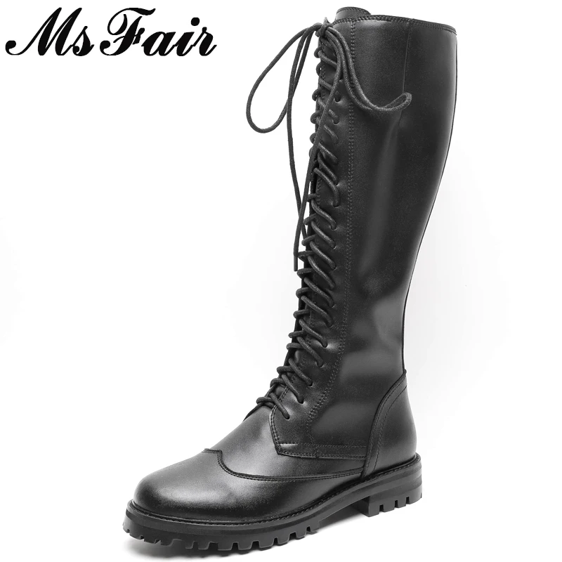 

MSFAIR Round Toe Low Heel Women Boots Zipper Square heel Knee High Boots Women Shoes Genuine Leather Black Boot Shoes For Girl