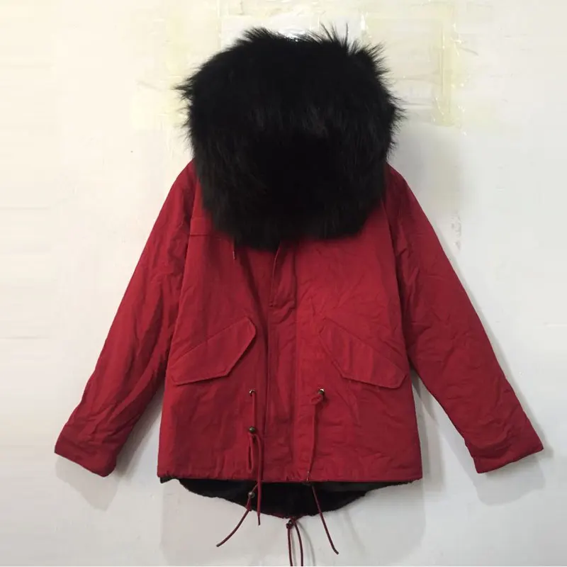 Special Price Big Red women jacket with black faux fur inside big collar short winter coat