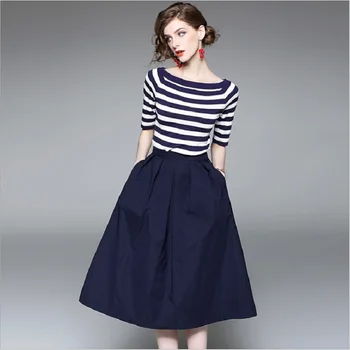 

Striped Knitting Shirt Short Sleeve and Skirt Sets Two piece Set Summer 2019 Office lady sweet work fashion party skirts set