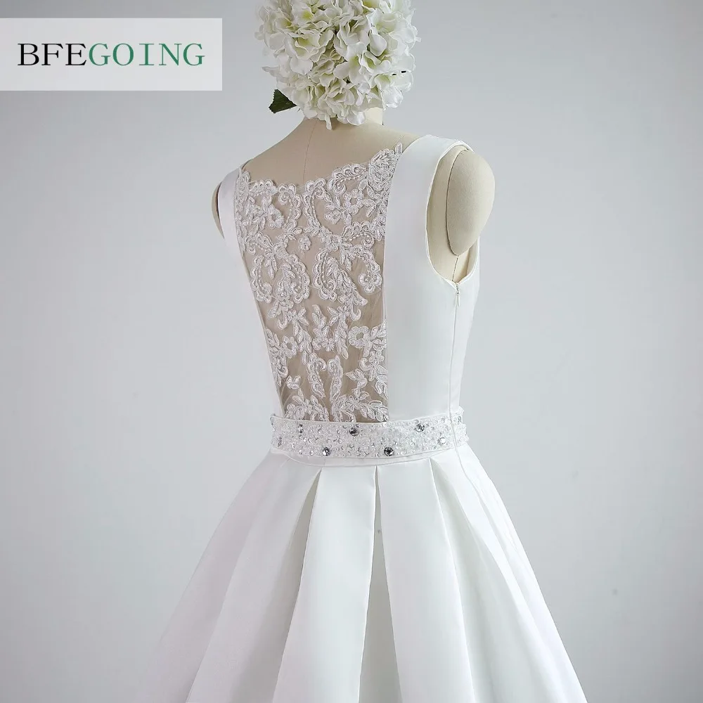 A-line Satin Boat Neck Wedding dress Floor-Length Chapel Train Sleeveless Beading Belt Real/Original Photos Custom made 7