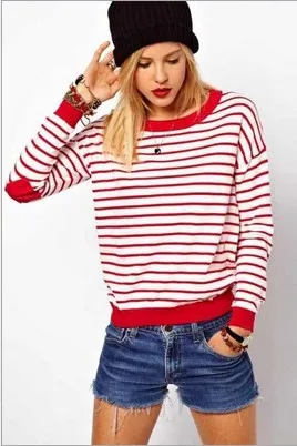 FREE SHIPPING 2013 fall new European and American fashion stripes printed round neck long sleeved sweater love FT325|sweater acrylic|sweatersweater