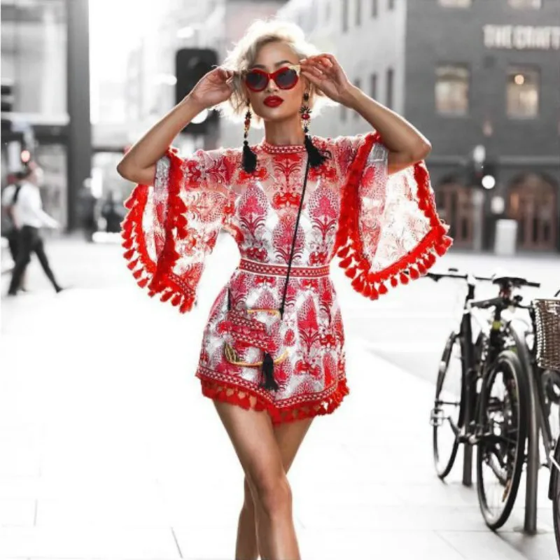 

2018 Fashion Loose Boho Red and White Porcelain Print Tassel Embroidery Overalls Jumpsuit Casual Loose Beach Playsuits