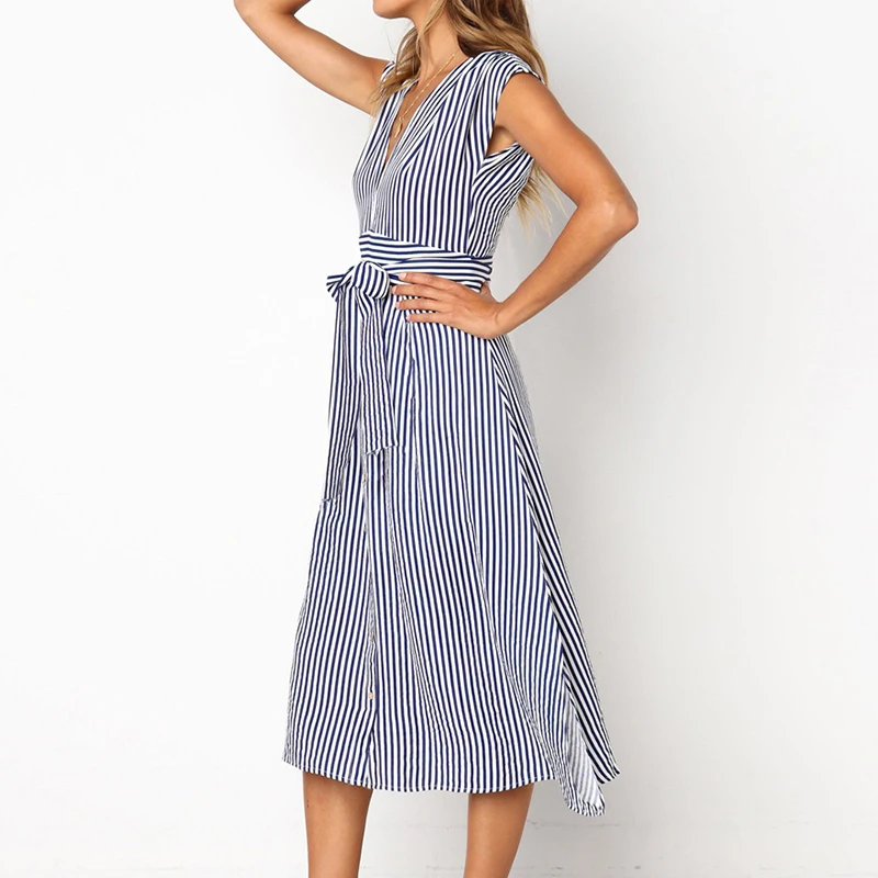 Women's Striped Mid-Calf Dress New Fashion Button Sexy V-Neck Short Sleeve Dresses Vestidos Female Casual Daily Party Sundress