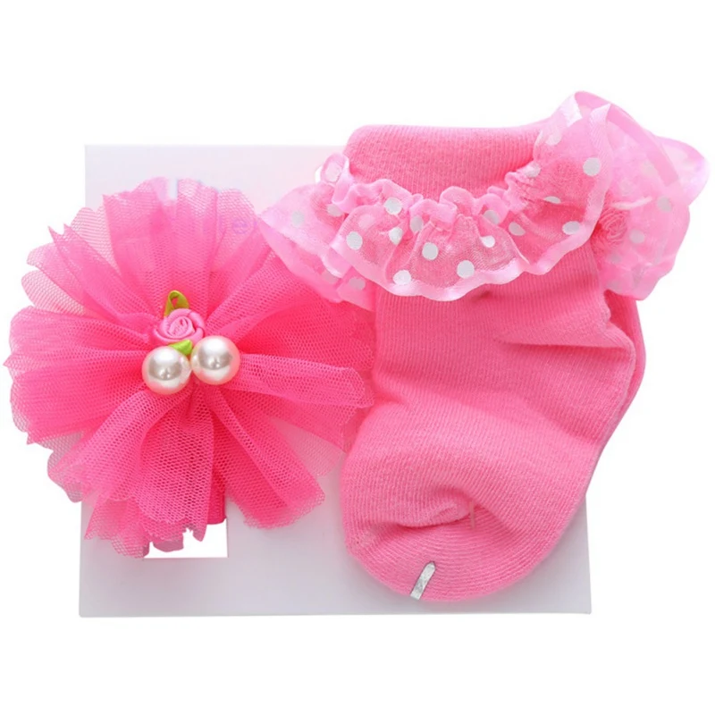 Носки для новорожденных девочек + повязка на голову, 2 предмета, модная Корона, хлопковые носки с цветочным рисунком для маленьких девочек