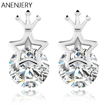 

ANENJERY 925 Sterling Silver Princess Crown Star Zircon Stud Earrings For Women Valentine's Day present brincos S-E18