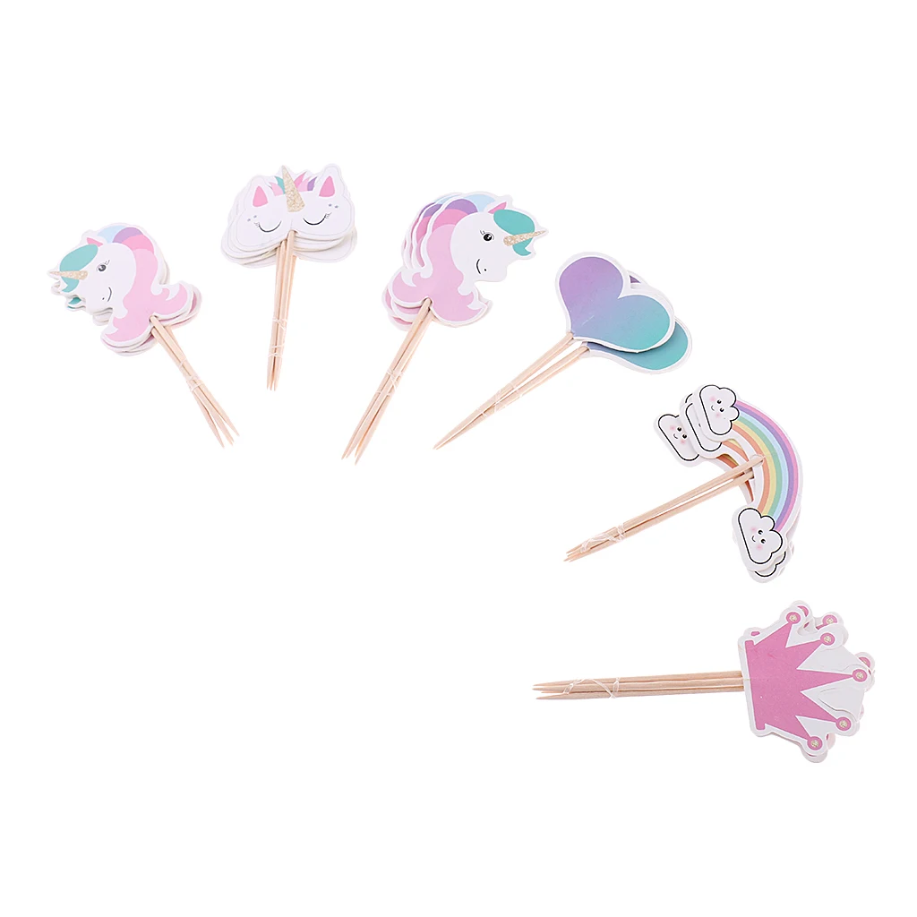 24x Unicorn Cake Picks Rainbow Cupcake Toppers Crown Heart Shape Cake Décor