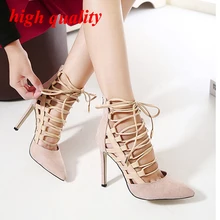 nude heels gladiator sandals women ankle strap heels lace up pumps Pointed Toe high heels shoes pumps women sandals 2016 Y828