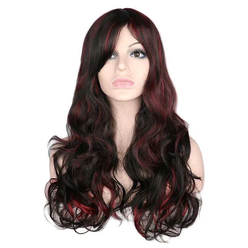 QQXCAIW женский длинный волнистый натуральный смешанный блондин парик черный красный термостойкие синтетические волосы парики