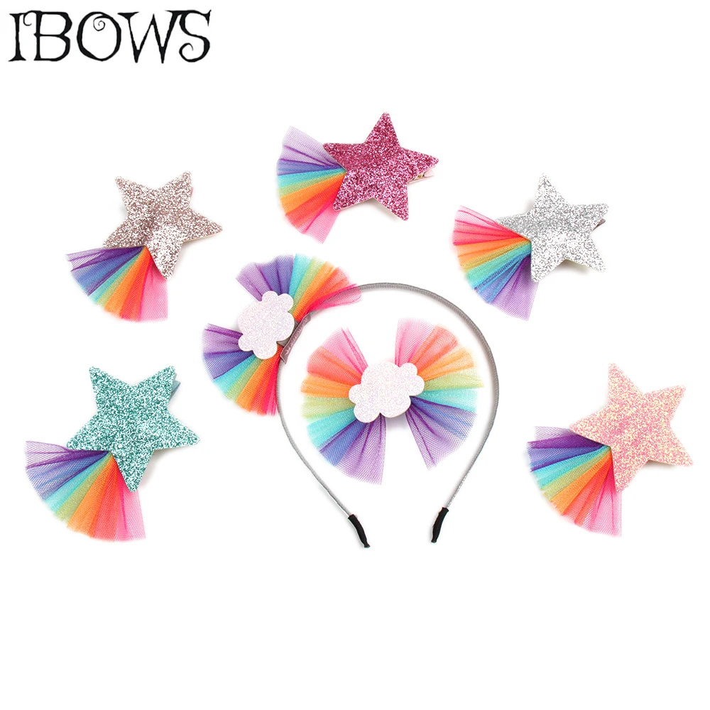 

Korean Rainbow Lace Fabric Hair Clips For Girls Glitter Star Organza Hairband High Quality Fashion Headwear Hot Hair Accessories