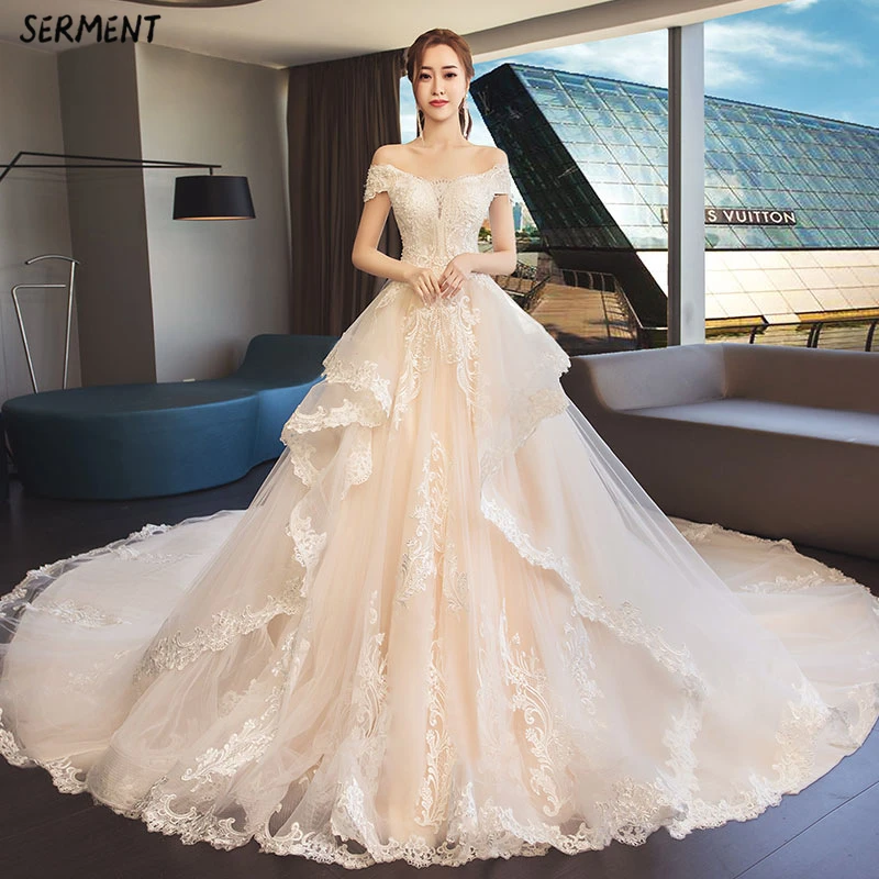 

Main Wedding Dress 2019 New Bride Champagne Color Shoulder Summer Simple Long Tail French Light Sen Female