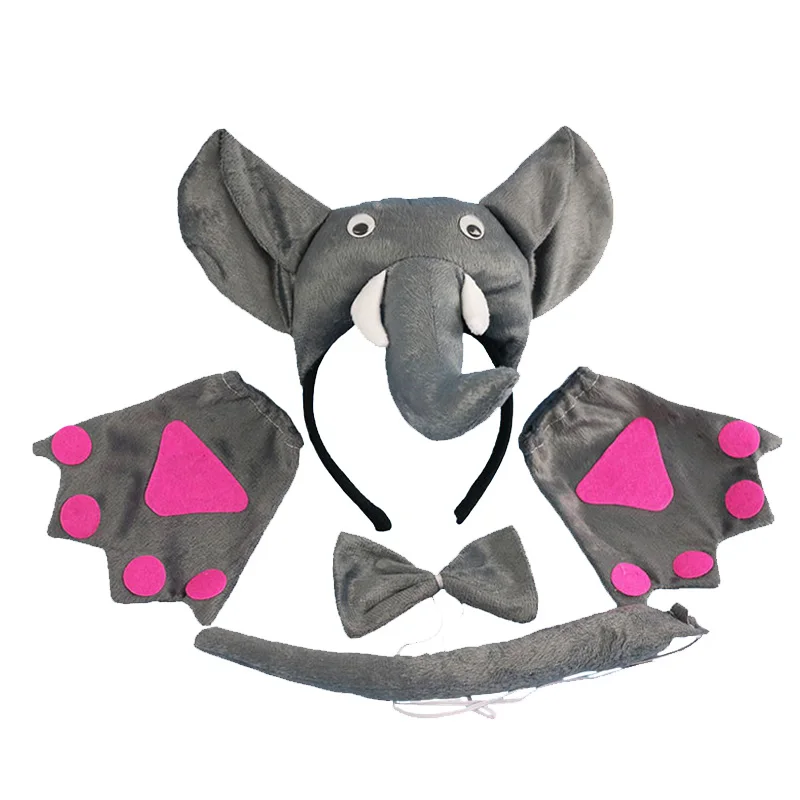 Kids 3D Elephant Headband Ears Tie Tail Paws Gloves Cosplay Costume Set Party Accessories