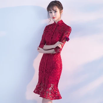 

Bridesmaid Dresses Burgundy Lace Cheongsam Wedding Dress Slim Qipao Ball Gown Robe Fete Traditional Chinese Wedding Gown TS864