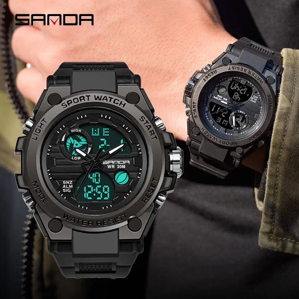 

2019 Sanda Men's Watches Black Sports Watch LED Digital 3ATM Waterproof Military Watches S Shock Male Clock relogios masculino