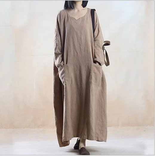 

2015 female autumn original design paragraph minimalist ultra-loose large size long-sleeved linen dress