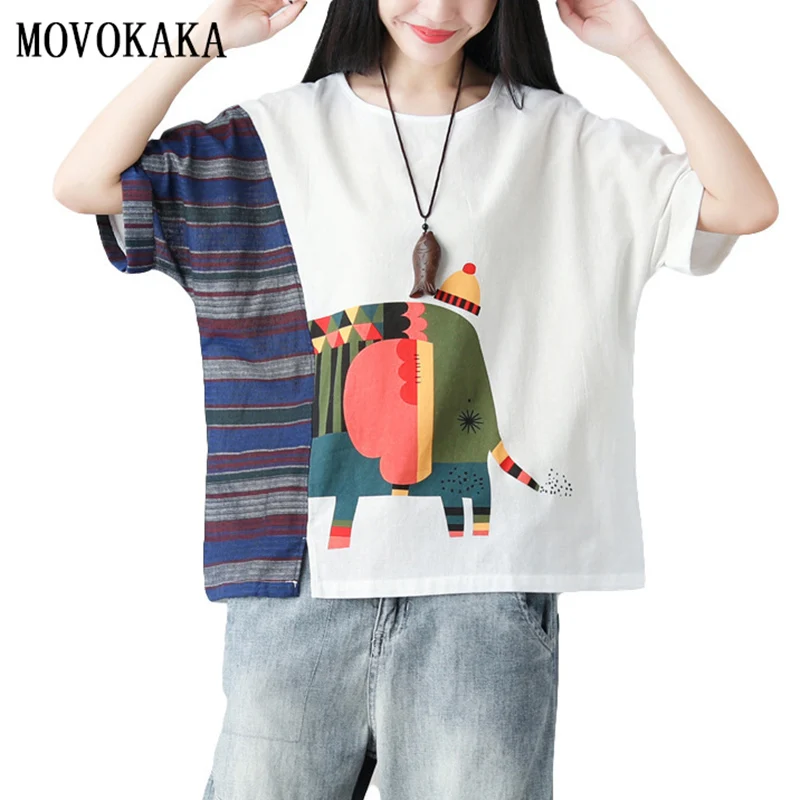 

Hot Sale Summer T Shirt Women Basic New Tshirt Woman Loose Elephant Cartoon T Shirt Women Cotton Linen Oversized Tops Tshirt 3XL