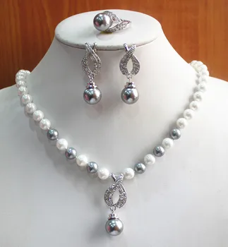 

Hot sell free shipping ~~ best gift jewelry set!Wholesale simple and noble Women's white and gray pearl Necklace earring ring(7/