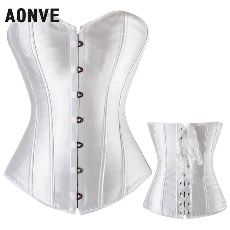 

AONVE Women Sexy Punk Rave Satin Pink Corset Femme Overbust Bustiers Soild White Red Blue Lace Up Boned Top Corsets