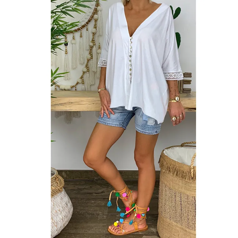 New Fashion Women V Neck Half Sleeve Shirts Summer Solid Color Button Tops Casual Loose Blouse Plus Size New Fashion Women V Neck Half Sleeve Shirts Summer Solid Color Button Tops Casual Loose Blouse Plus Size