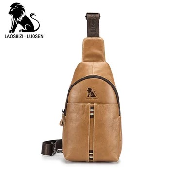 

LAOSHIZI 2018 New Fashion Cow Leather Solid Crossbody Bag men famous Brand large capacity men sling chest bag Male messenger Bag