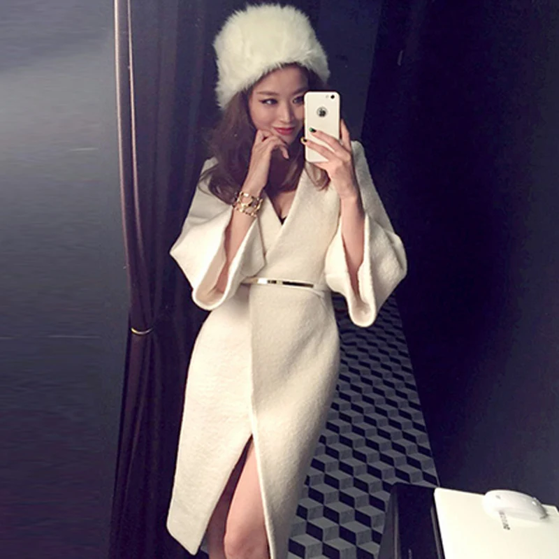 

Woolen Coat White Pockets Slim Flare Sleeve Solid Long Length V-Neck Covered Button Winter Thick Women Korean