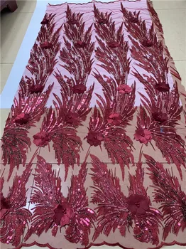 

2018 Embroidery sequins tulle lace fabric 3D flower pattern wine beaded african lace fabrics wholesale for wedding party C12