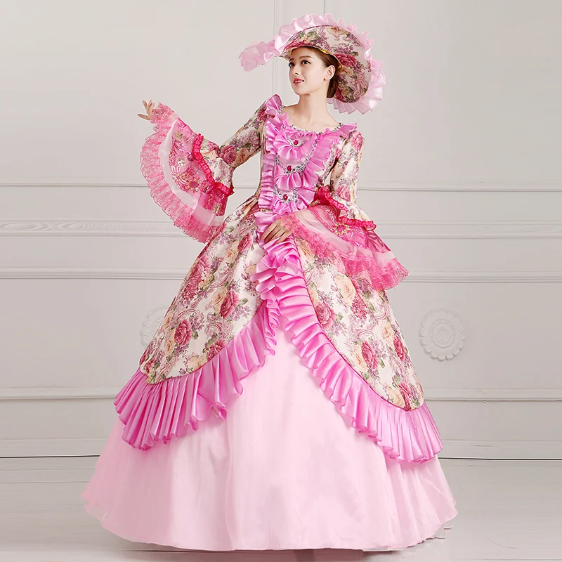 Pink Floral Print Victorian Dress Renaissance Marie Evening Party Costume Theater
