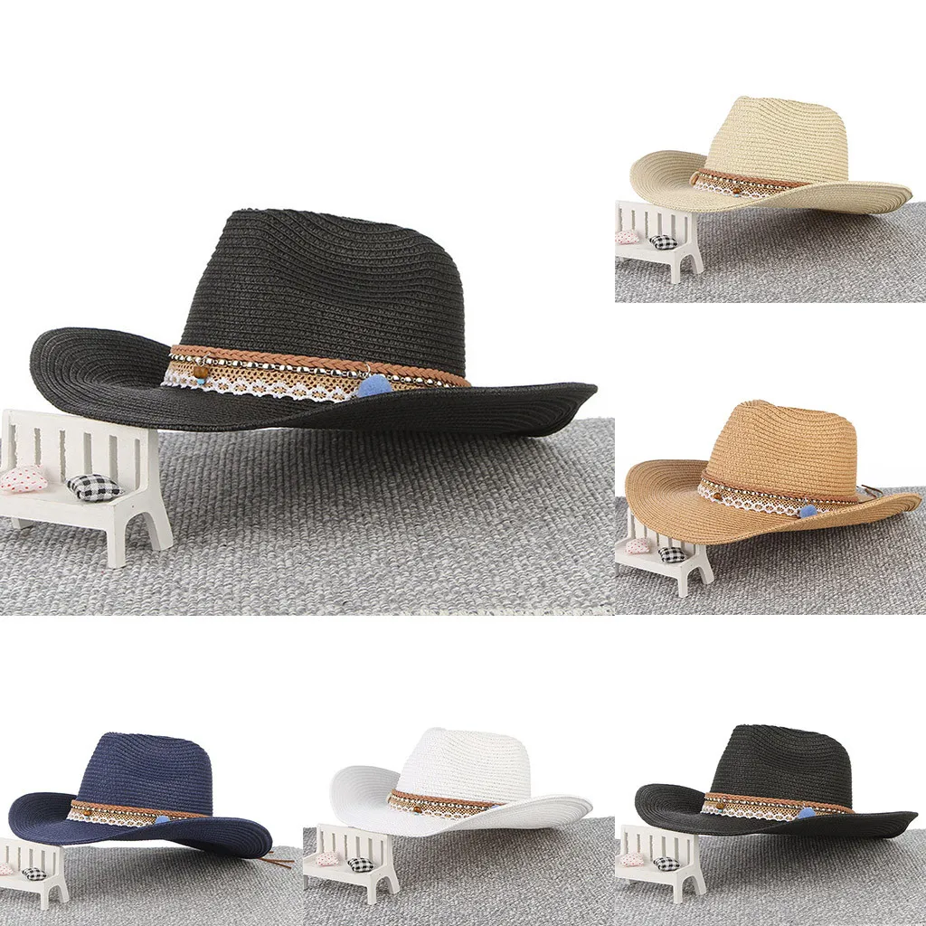 

Unisex Fashion Hat 2019 Men Women Retro Western Cowboy Riding Hat Leather Belt Wide Brim Cap Hat