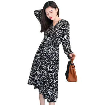 

Women Elegant V-neck Print Chiffon Dress Summer Lace Flare Sleeve Ruffles Elastic Slim Waist Female Long Dresses Chic Vestidos