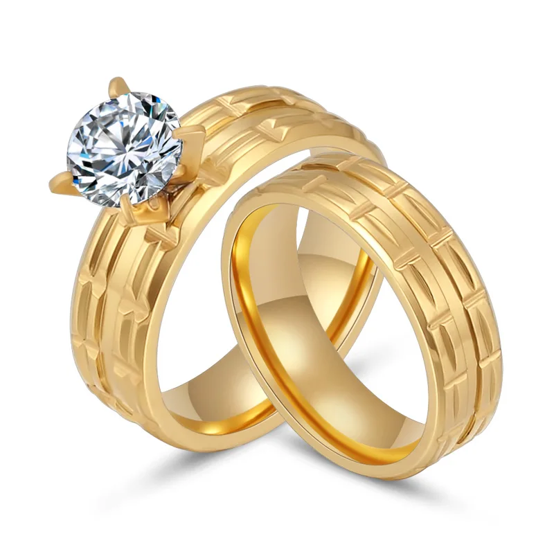 

1 Pair Gold Color Wedding Rings Set For Women Stainless Steel Engagement Ring Round Cubic Zirconia Band Female Jewelry Gift 6MM