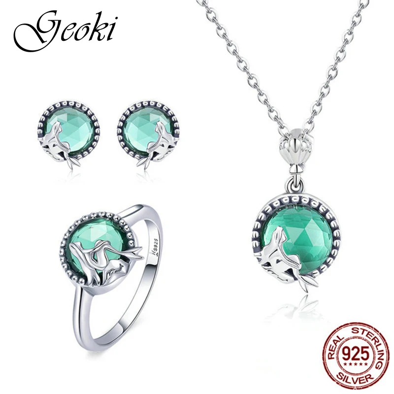 

Geoki 925 Sterling Silver Nordic Ocean Blue Mermaid Crystal Ring&Earrings Original S925 Fairy Tale Fish Pendant Necklace Gift