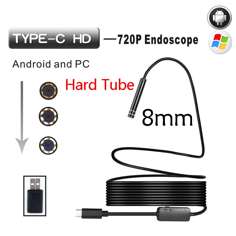 Wistino type c Endoscop Android USB 8 мм жесткий кабель камера Инспекционная ПК телефон Бороскоп