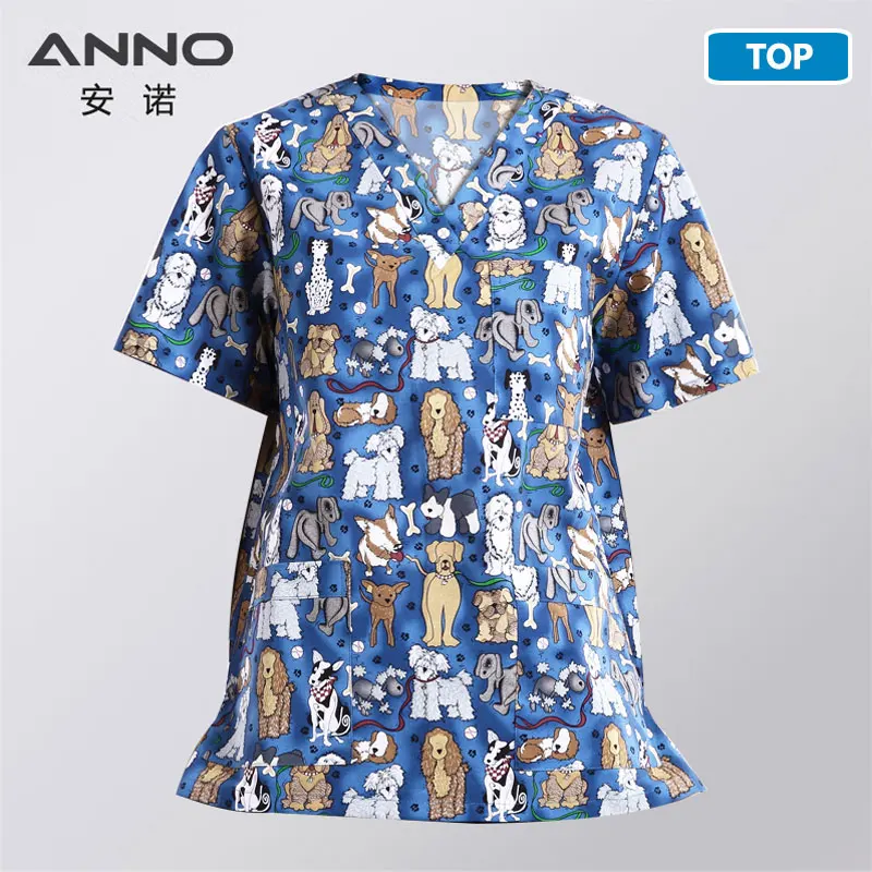 ANNO медицинские скрабы набор мультфильм униформа для кормления медицинская одежда стоматологическая клиника медсестра костюм для женщин и мужчин хирургический костюм - Цвет: HuaHuaGou-Top