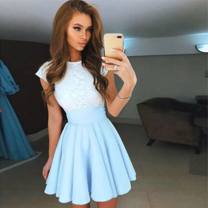 

Summer Dress Womens Lace Party Cocktail Party Cute Mini Dress Ladies Summer Short Sleeve O-neck Skater Dress