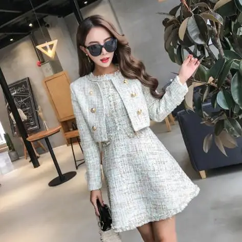 

2019 New Runway Tweed 2 Piece Set Dress Designer Winter Women White Short Jacket Coat + Mini Tank Tassel Wool Blend AE356