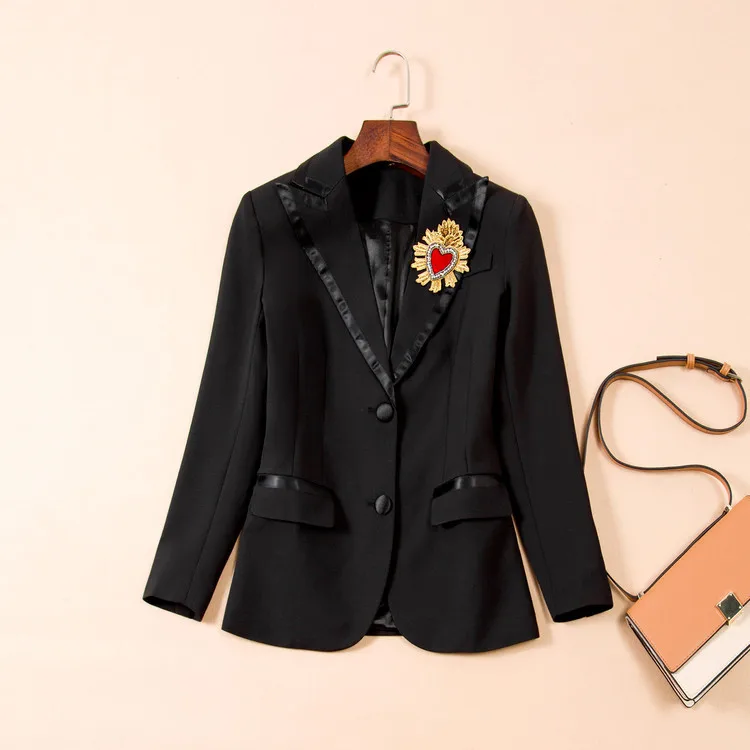 Высокое качество Новая модная однотонная, с приметанными оборками Тонкий темперамент, на одной пуговице, длинные рукава с вышивкой в традиционном стиле Блейзер, куртка - Цвет: Черный
