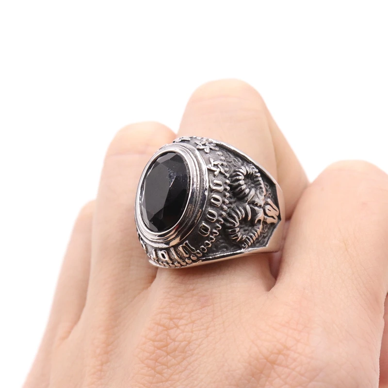 

Cool fashion religious Stainless steel Cool Unique satan goat Black Stone Ring Titanium Steel Retro Old Totem Jewelry For Man